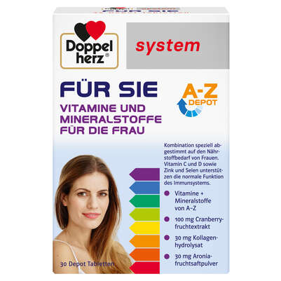 Sie sehen eine Packung Doppelherz system FÜR SIE Vitamine und Mineralstoffe für die Frau, Produktbild: 01 Doppelherz system FÜR SIE Vitamine und Mineralstoffe für die Frau, A-Nr.: 5678876 - 01