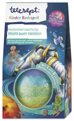 Sie sehen eine Packung tetesept Kids Weltraumhelden Sprudelball 175g, Produktbild: 01 tetesept Kids Weltraumhelden Sprudelball 175g, A-Nr.: 5664934 - 01