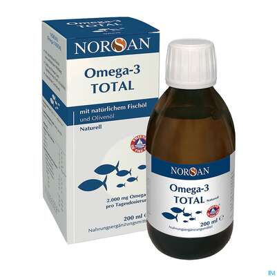Sie sehen eine Packung Omega -3 Norsan Oel/total/naturell O.geschm.,hochd. 200ml, Produktbild: 01 Omega -3 Norsan Oel/total/naturell O.geschm.,hochd. 200ml, A-Nr.: 4524941 - 01