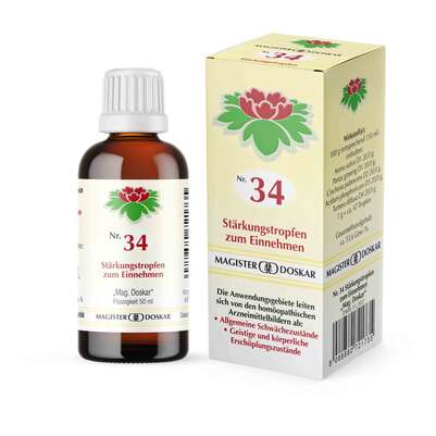 Sie sehen eine Packung Magister Doskar Nr. 34 Stärkungstropfen zum Einnehmen, Produktbild: 01 Magister Doskar Nr. 34 Stärkungstropfen zum Einnehmen, A-Nr.: 0721739 - 01