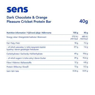 Sie sehen eine Packung SENS Pleasure Proteinriegel mit Grillenmehl - Dunkle Schokolade & Orange, Produktbild: 03 SENS Pleasure Proteinriegel mit Grillenmehl - Dunkle Schokolade & Orange, A-Nr.: 5948620 - 03
