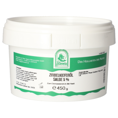 Sie sehen eine Packung ZIRBELKIEFEROEL SALBE 5% 450 G, Produktbild: 01 ZIRBELKIEFEROEL SALBE 5% 450 G, A-Nr.: 5802891 - 01