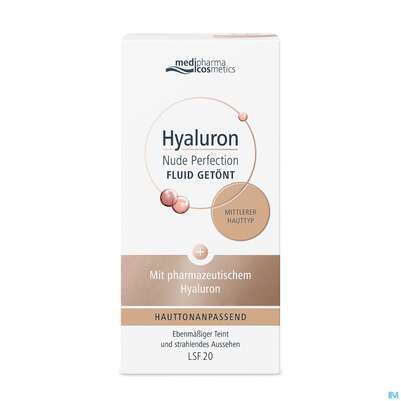 Sie sehen eine Packung Hyaluron Nude Perfection Getoentes Fluid Mittlerer Typ Lsf 20 50ml, Produktbild: 03 Hyaluron Nude Perfection Getoentes Fluid Mittlerer Typ Lsf 20 50ml, A-Nr.: 4914719 - 03