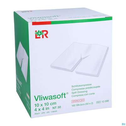 Sie sehen eine Packung Schlitzkompressen Vliwasoft 4fach Steril 10x 10cm 100st, Produktbild: 03 Schlitzkompressen Vliwasoft 4fach Steril 10x 10cm 100st, A-Nr.: 1518791 - 03