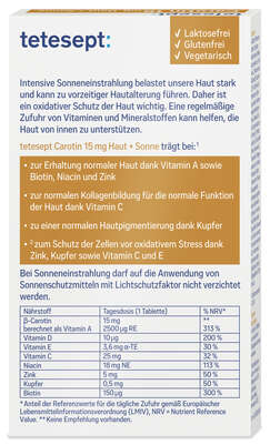 Sie sehen eine Packung tetesept Carotin 15mg Haut & Sonne Fta 30 Stk., Produktbild: 04 tetesept Carotin 15mg Haut & Sonne Fta 30 Stk., A-Nr.: 5179245 - 04