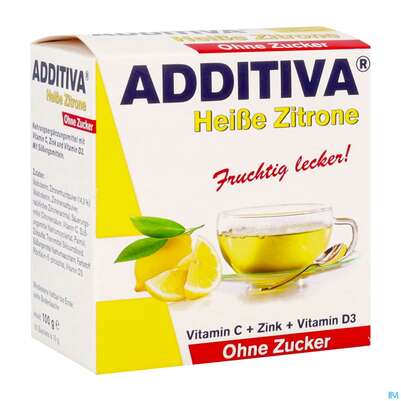 Sie sehen eine Packung Additiva Pulver Heisse Zitrone Ohne Zucker 10st, Produktbild: 02 Additiva Pulver Heisse Zitrone Ohne Zucker 10st, A-Nr.: 5810092 - 02