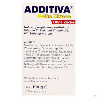 Sie sehen eine Packung Additiva Pulver Heisse Zitrone Ohne Zucker 10st, Produktbild: 04 Additiva Pulver Heisse Zitrone Ohne Zucker 10st, A-Nr.: 5810092 - 04