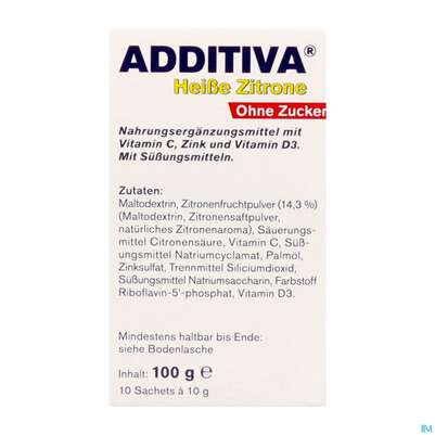 Sie sehen eine Packung Additiva Pulver Heisse Zitrone Ohne Zucker 10st, Produktbild: 05 Additiva Pulver Heisse Zitrone Ohne Zucker 10st, A-Nr.: 5810092 - 05