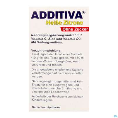 Sie sehen eine Packung Additiva Pulver Heisse Zitrone Ohne Zucker 10st, Produktbild: 07 Additiva Pulver Heisse Zitrone Ohne Zucker 10st, A-Nr.: 5810092 - 07