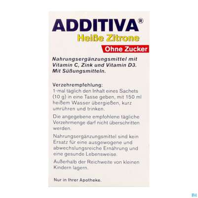 Sie sehen eine Packung Additiva Pulver Heisse Zitrone Ohne Zucker 10st, Produktbild: 07 Additiva Pulver Heisse Zitrone Ohne Zucker 10st, A-Nr.: 5810092 - 07