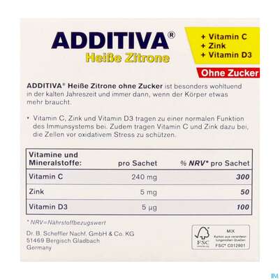 Sie sehen eine Packung Additiva Pulver Heisse Zitrone Ohne Zucker 10st, Produktbild: 08 Additiva Pulver Heisse Zitrone Ohne Zucker 10st, A-Nr.: 5810092 - 08