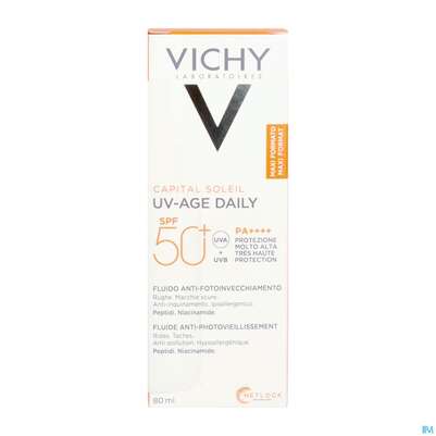 Sie sehen eine Packung Sonnenprodukte Vichy/capital Soleil Uv-age Daily Lsf 50+ 80ml, Produktbild: 04 Sonnenprodukte Vichy/capital Soleil Uv-age Daily Lsf 50+ 80ml, A-Nr.: 5893356 - 04
