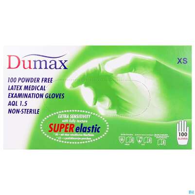 Sie sehen eine Packung Untersuchungshandschuhe -dumax Latex Puderfrei Xs 100st, Produktbild: 01 Untersuchungshandschuhe -dumax Latex Puderfrei Xs 100st, A-Nr.: 2995435 - 01