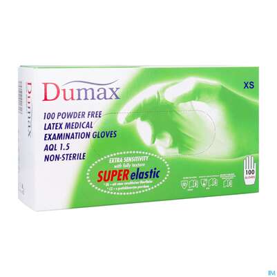Sie sehen eine Packung Untersuchungshandschuhe -dumax Latex Puderfrei Xs 100st, Produktbild: 02 Untersuchungshandschuhe -dumax Latex Puderfrei Xs 100st, A-Nr.: 2995435 - 02