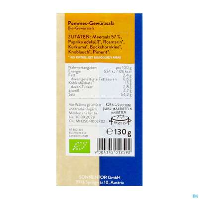Sie sehen eine Packung Sonnentor Gewuerz Gewuerzsalz Pommes Bio 01259 130g, Produktbild: 04 Sonnentor Gewuerz Gewuerzsalz Pommes Bio 01259 130g, A-Nr.: 5913627 - 04
