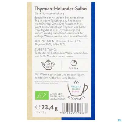 Sie sehen eine Packung Sonnentor Aufgussbeutel/bio Thymian-holunder-salbei 02337 18st, Produktbild: 03 Sonnentor Aufgussbeutel/bio Thymian-holunder-salbei 02337 18st, A-Nr.: 5913159 - 03