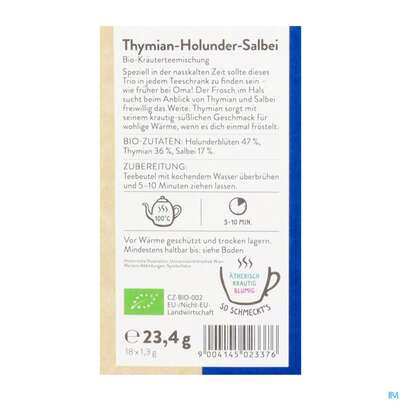 Sie sehen eine Packung Sonnentor Aufgussbeutel/bio Thymian-holunder-salbei 02337 18st, Produktbild: 04 Sonnentor Aufgussbeutel/bio Thymian-holunder-salbei 02337 18st, A-Nr.: 5913159 - 04