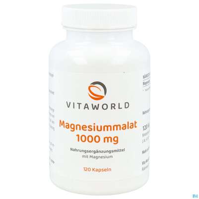 Sie sehen eine Packung Magnesium Malat 1000mg Kapseln Elementar Vita World 120st, Produktbild: 01 Magnesium Malat 1000mg Kapseln Elementar Vita World 120st, A-Nr.: 5608953 - 01