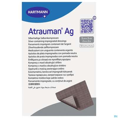 Sie sehen eine Packung Wundauflagen Atrauman/ag 5x 5cm 10st, Produktbild: 02 Wundauflagen Atrauman/ag 5x 5cm 10st, A-Nr.: 2991822 - 02