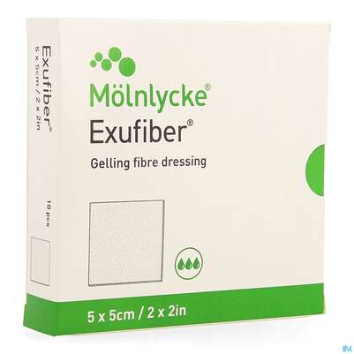 Sie sehen eine Packung Exufiber Steril 5x 5cm 10st, Produktbild: 01 Exufiber Steril 5x 5cm 10st, A-Nr.: 4301661 - 01