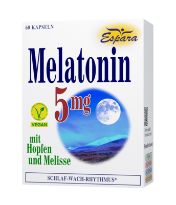 Sie sehen eine Packung Espara Melatonin 5mg Kapseln, Produktbild: 01 Espara Melatonin 5mg Kapseln, A-Nr.: 3957402 - 01