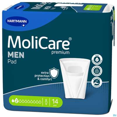 Sie sehen eine Packung Inkontinenz Molicare Premium/men Pad Tropfen 2 14st, Produktbild: 02 Inkontinenz Molicare Premium/men Pad Tropfen 2 14st, A-Nr.: 4918723 - 02
