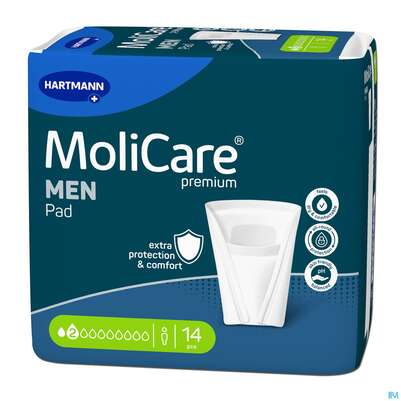 Sie sehen eine Packung Inkontinenz Molicare Premium/men Pad Tropfen 2 14st, Produktbild: 03 Inkontinenz Molicare Premium/men Pad Tropfen 2 14st, A-Nr.: 4918723 - 03