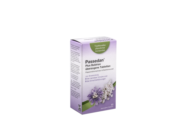 Sie sehen eine Packung Passedan® Plus Baldrian überzogene Tabletten, Produktbild: 01 Passedan® Plus Baldrian überzogene Tabletten, A-Nr.: 6052469 - 01