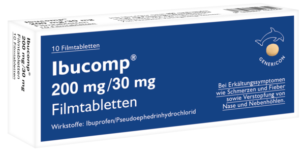 Sie sehen eine Packung Ibucomp® lindert Erkältungssymptome, Produktbild: 01 Ibucomp® lindert Erkältungssymptome, A-Nr.: 5529320 - 01