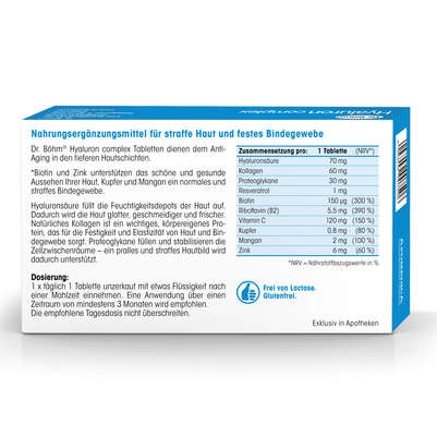 Sie sehen eine Packung Dr. Böhm Hyaluron complex Tabletten + Hyaluron Serum, Produktbild: 06 Dr. Böhm Hyaluron complex Tabletten + Hyaluron Serum, A-Nr.: 4835552 - 06