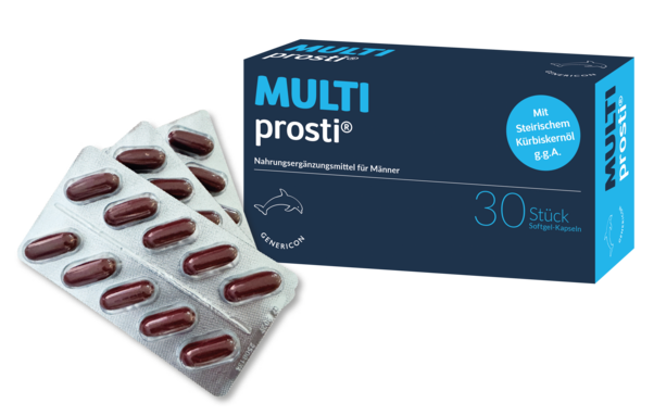 Sie sehen eine Packung MULTIprosti® unterstützt Prostata und Blase, Produktbild: 01 MULTIprosti® unterstützt Prostata und Blase, A-Nr.: 4223056 - 01