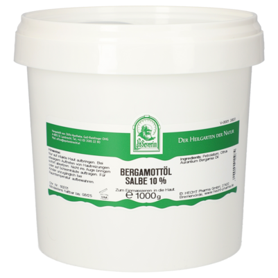 Sie sehen eine Packung BERGAMOTTOEL SALBE 10% 1000G, Produktbild: 01 BERGAMOTTOEL SALBE 10% 1000G, A-Nr.: 5303805 - 01