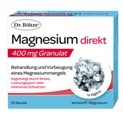 Sie sehen eine Packung Dr. Böhm® Magnesium direkt 400mg, Produktbild: 01 Dr. Böhm® Magnesium direkt 400mg, A-Nr.: 6054646 - 01