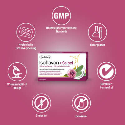 Sie sehen eine Packung Dr. Böhm® Isoflavon + Salbei, Produktbild: 04 Dr. Böhm® Isoflavon + Salbei, A-Nr.: 5741936 - 04
