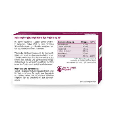 Sie sehen eine Packung Dr. Böhm® Isoflavon + Salbei, Produktbild: 06 Dr. Böhm® Isoflavon + Salbei, A-Nr.: 5724398 - 06