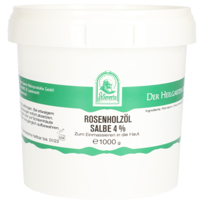 Sie sehen eine Packung ROSENHOLZÖL SALBE 4% 1000 G, Produktbild: 01 ROSENHOLZÖL SALBE 4% 1000 G, A-Nr.: 5802649 - 01