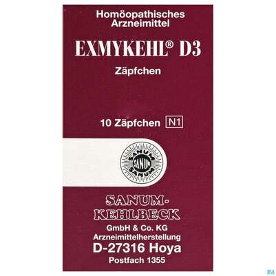 Sie sehen eine Packung Exmykehl D 3 Suppositorium 10st, Produktbild: 02 Exmykehl D 3 Suppositorium 10st, A-Nr.: 1997188 - 02
