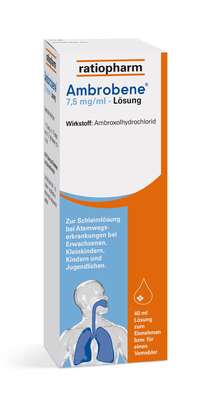 Sie sehen eine Packung Ambrobene® 7,5 mg/ml - Lösung, Produktbild: 01 Ambrobene® 7,5 mg/ml - Lösung, A-Nr.: 1254843 - 01
