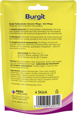 Sie sehen eine Packung Burgit Fußbadetabs Intens. Pflege 4x20g, Produktbild: 02 Burgit Fußbadetabs Intens. Pflege 4x20g, A-Nr.: 6118205 - 02