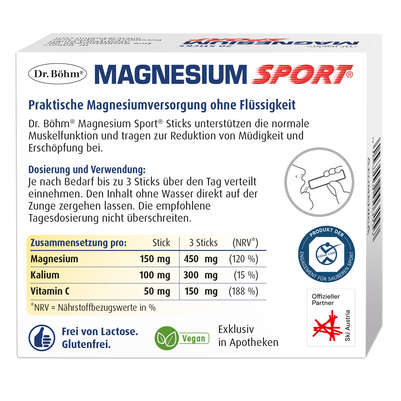 Sie sehen eine Packung Dr. Böhm Magnesium Sport Sticks, Produktbild: 06 Dr. Böhm Magnesium Sport Sticks, A-Nr.: 3979504 - 06