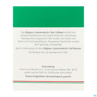 Sie sehen eine Packung Allgaeuer Latschenkiefer Sole-fussbad 10x10 100g, Produktbild: 03 Allgaeuer Latschenkiefer Sole-fussbad 10x10 100g, A-Nr.: 0864574 - 03