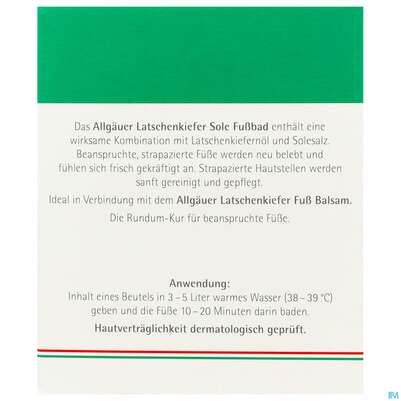 Sie sehen eine Packung Allgaeuer Latschenkiefer Sole-fussbad 10x10 100g, Produktbild: 04 Allgaeuer Latschenkiefer Sole-fussbad 10x10 100g, A-Nr.: 0864574 - 04