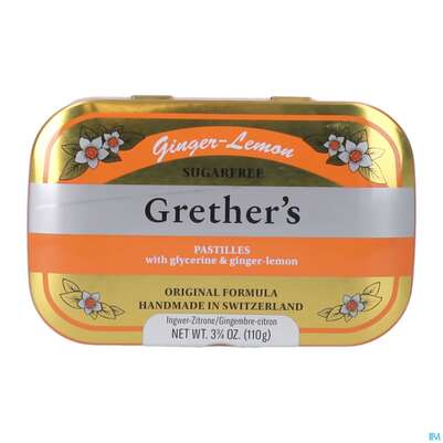 Sie sehen eine Packung Grethers Pastillen Zuckerfrei Ginger Lemon 110g, Produktbild: 01 Grethers Pastillen Zuckerfrei Ginger Lemon 110g, A-Nr.: 5971955 - 01
