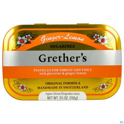 Sie sehen eine Packung Grethers Pastillen Zuckerfrei Ginger Lemon 110g, Produktbild: 02 Grethers Pastillen Zuckerfrei Ginger Lemon 110g, A-Nr.: 5971955 - 02
