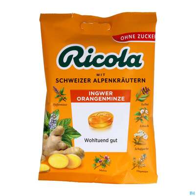 Sie sehen eine Packung Ricola Zuckerfrei Ingwer Orangenminze Beute 75g, Produktbild: 03 Ricola Zuckerfrei Ingwer Orangenminze Beute 75g, A-Nr.: 5627407 - 03
