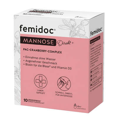 Sie sehen eine Packung femidoc® MANNOSE Direkt+, Produktbild: 01 femidoc® MANNOSE Direkt+, A-Nr.: 6042028 - 01