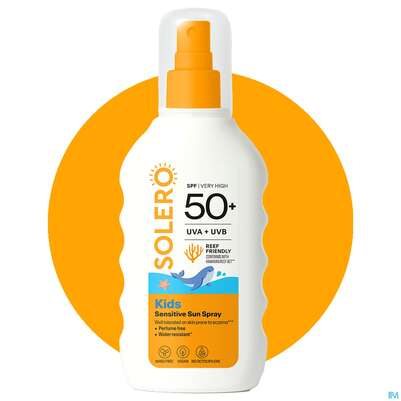 Sie sehen eine Packung Sonnenprodukte Solero Spray/kids/sensitiv Spf50+ 200ml, Produktbild: 03 Sonnenprodukte Solero Spray/kids/sensitiv Spf50+ 200ml, A-Nr.: 5917447 - 03