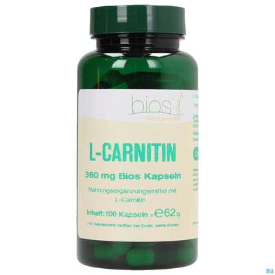 Sie sehen eine Packung Bios l-carnitin 360mg 100 Kapseln, Produktbild: 01 Bios l-carnitin 360mg 100 Kapseln, A-Nr.: 3892016 - 01