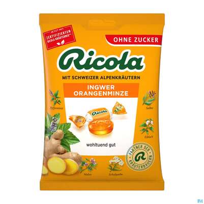 Sie sehen eine Packung Ricola Zuckerfrei Ingwer Orangenminze Beute 75g, Produktbild: 01 Ricola Zuckerfrei Ingwer Orangenminze Beute 75g, A-Nr.: 5627407 - 01