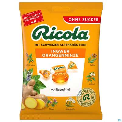 Sie sehen eine Packung Ricola Zuckerfrei Ingwer Orangenminze Beute 75g, Produktbild: 02 Ricola Zuckerfrei Ingwer Orangenminze Beute 75g, A-Nr.: 5627407 - 02